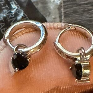 Sterling-Style Hoop Earrings with Black heart Stone Dangles NEW IN BOX